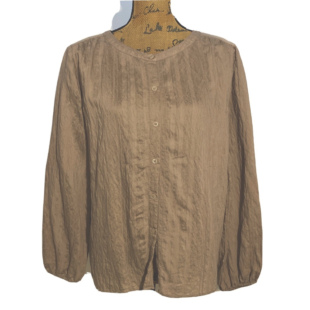 Ann Taylor‎ Top MED Taupe Brown Button Front Flowy Long Sl Peasant Blouse CUTE